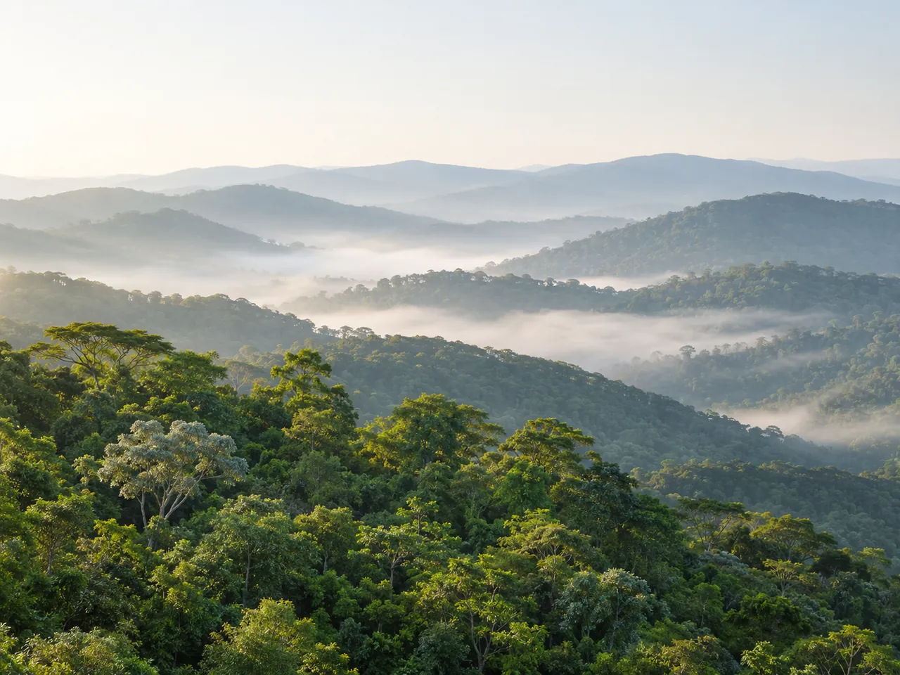 Morros cobertos de Mata Atlântica numa manhã de névoa.